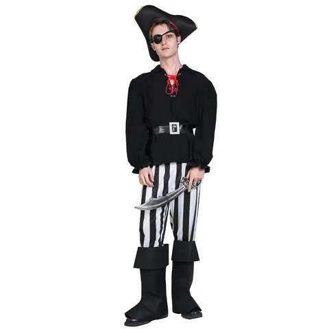 Men Pirate Captain Costume Top And Bottom Set With Hat Eye Patch Belt For Halloween Stage Performance Party Cosplay Outfit
