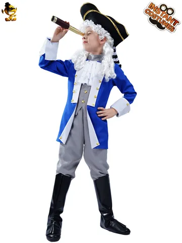 Halloween Kids Boy Pirate Captain Costume Colonial General Cosplay Set Polyester Outfit Blue Gray For Party Performance Stage Wear
