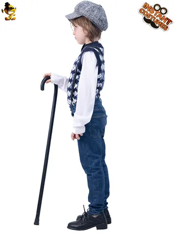 Kinderen Oude Man Kostuum Set Voor Halloween Feest Jongens Opa Cosplay Outfit Met Vest Overhemd Broek Hoed Bril Wandelstok Pijp Retro Kleding