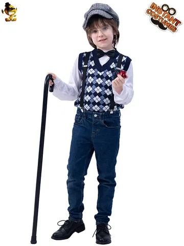 Kinderen Oude Man Kostuum Set Voor Halloween Feest Jongens Opa Cosplay Outfit Met Vest Overhemd Broek Hoed Bril Wandelstok Pijp Retro Kleding