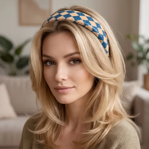 Womens Fashion PU Leather Checkerboard Headband Wide Padded Hair Hoop Retro Hair Accessories For Daily