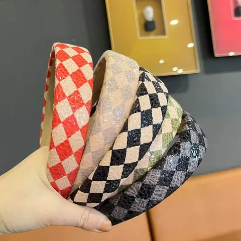 Womens Fashion PU Leather Checkerboard Headband Wide Padded Hair Hoop Retro Hair Accessories For Daily