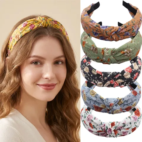 Diadema de Tela Estampada Floral Vintage Hecha a Mano Nudo Cruzado Banda de Pelo Dulce Accesorios de Cabello Diarios para Mujeres