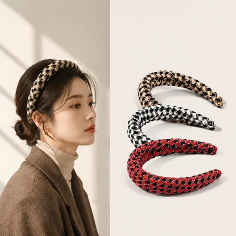 Womens Houndstooth Plaid Headband Vintage Wide Hair Hoop Fabric Hair Accessories For Daily Wash Face Hair Styling