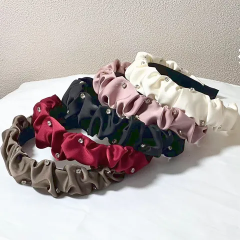Diadema de Satén Plisado con Pedrería Estilo Vintage Coreano Corona Alta Aro de Pelo Accesorios de Moda para Mujer