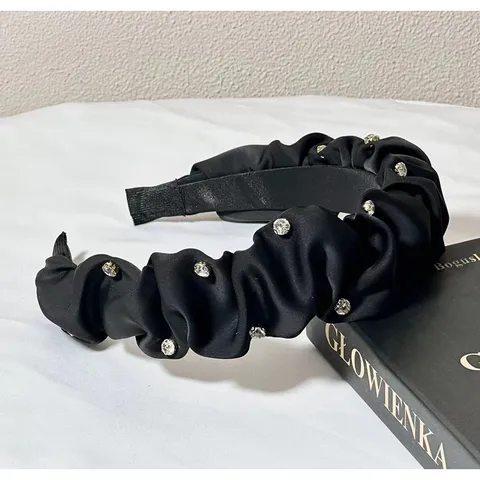 Diadema de Satén Plisado con Pedrería Estilo Vintage Coreano Corona Alta Aro de Pelo Accesorios de Moda para Mujer