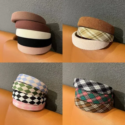 Diadema de Esponja Retro Francesa para Mujer Acolchada Alto Cráneo Liso Cuadros Terciopelo Accesorios Pelo