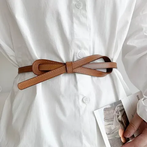 Women's Thin PU Leather Belt Retro Knotted Waist Band Elegant Dress Cinch Accessory Fashion Waistband for Skirt