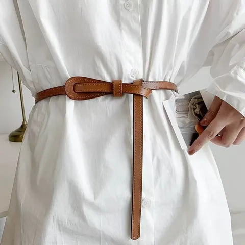Women's Thin PU Leather Belt Retro Knotted Waist Band Elegant Dress Cinch Accessory Fashion Waistband for Skirt