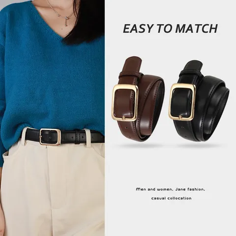 Unisex Vintage Minimalist PU Leather Belt With Gold Square Pin Buckle Casual Retro Waist Belt For Jeans Daily Outfits