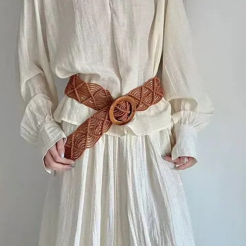 Bohemian Handmade Woven Wax Cord Belt For Women Retro Wooden Buckle Dress Decorative Waist Belt Fashion Accessories