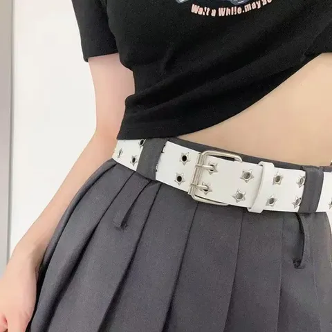 Women Punk Style PU Leather Belt Retro Star Hollow Metal Eyelet Double Prong Buckle Casual Jeans Dress Belt