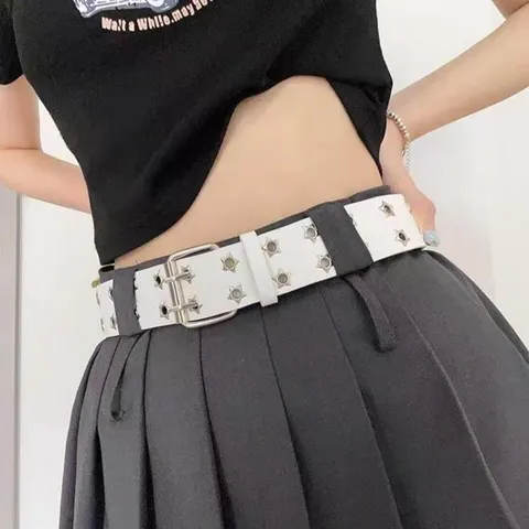 Women Punk Style PU Leather Belt Retro Star Hollow Metal Eyelet Double Prong Buckle Casual Jeans Dress Belt