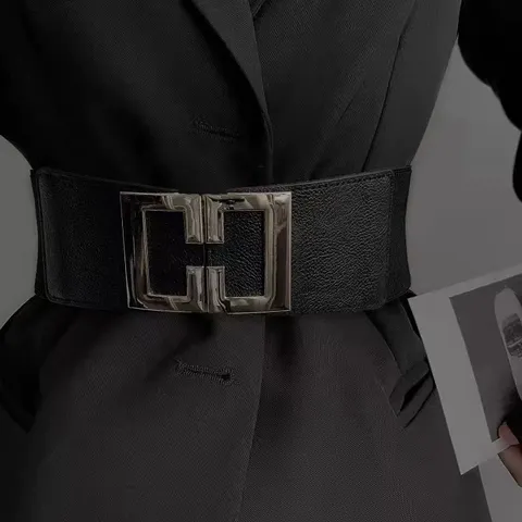 Women's Elastic Stretch Waist Belt Casual Fashion Retro Metal Buckle Wide Waistband For Dress