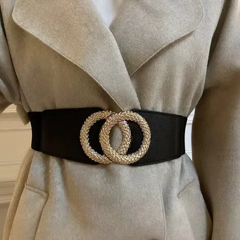 Women Wide Elastic Waist Belt PU Leather Waistband With Metal Double Ring Buckle For Woolen Coat Sweater Fashion Accessories