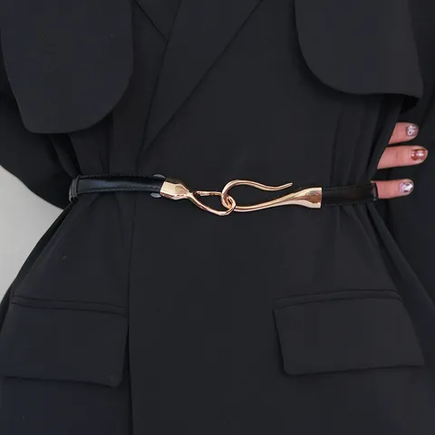 Women Fashion PU Leather Belt Elegant Metal Interlocking Buckle Thin Waistband For Dress Coat Suit Accessories