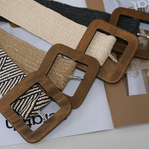 Women Woven Elastic Waist Belt Minimalist Casual Wide Corset Belt Canvas Retro Wooden Buckle Fashion Dress Accessories