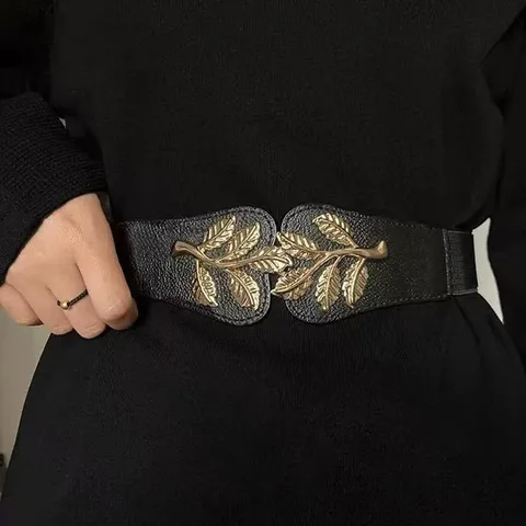 Women Elastic Waist Belt Minimalist PU Leather Waist Band With Gold Leaf Metal Buckle Dress Decorative Belt