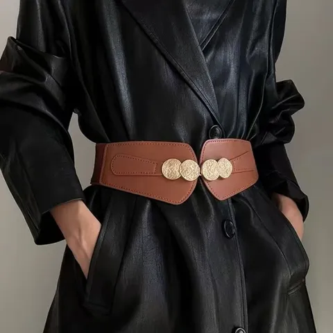 Women Wide Elastic Waist Belt Vintage Metal Round Buckle Stretch Cinch Belt Dress Coat Fashion Waistband