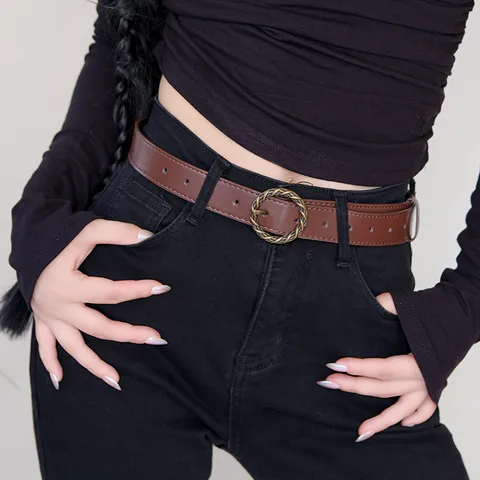 Women's Vintage PU Leather Belt Minimalist INS Style Casual Pants Belt With Retro Metal Round Buckle For Jeans