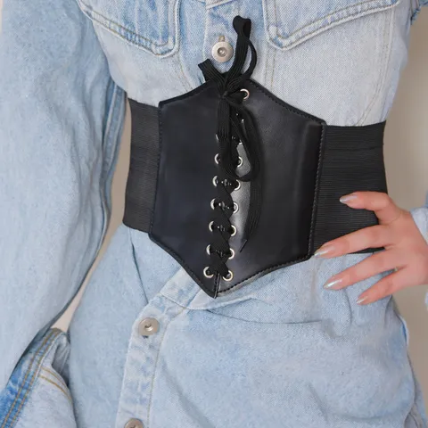 Women Minimalist Wide Corset Belt PU Leather Elastic Waist Cincher Decorative Waist Band For Dress And Shirt