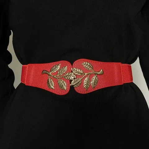 Women Elastic Waist Belt Minimalist PU Leather Waist Band With Gold Leaf Metal Buckle Dress Decorative Belt