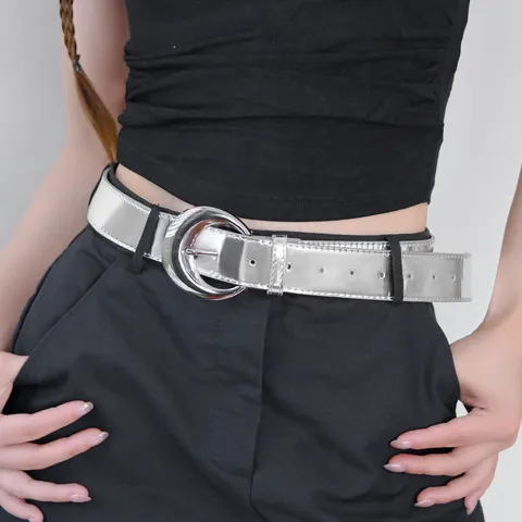 Women Fashion PU Leather Belt Shiny Silver Waistband Crescent Metal Buckle Decorative Dress Jeans Coat Suit Accessory