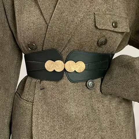 Women Wide Elastic Waist Belt Vintage Metal Round Buckle Stretch Cinch Belt Dress Coat Fashion Waistband