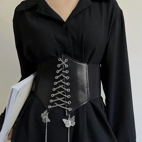 Women PU Leather Wide Waist Belt Fashion Retro Cinch Corset Belt With Chain Butterfly Pendant Dress Accessories