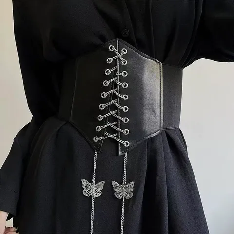 Women PU Leather Wide Waist Belt Fashion Retro Cinch Corset Belt With Chain Butterfly Pendant Dress Accessories
