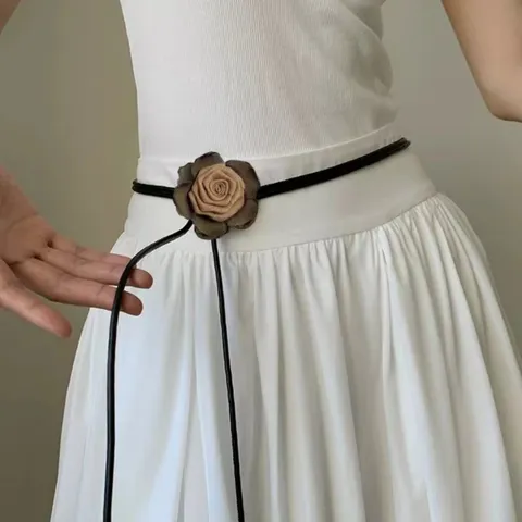 French Rose Flower Women Waist Belt Sweet Style Soft Leather Rope Long Thin Dress Decorative Waistband Fashion Accessory