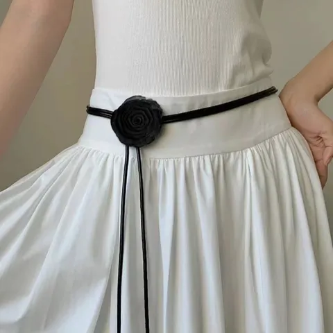 French Rose Flower Women Waist Belt Sweet Style Soft Leather Rope Long Thin Dress Decorative Waistband Fashion Accessory