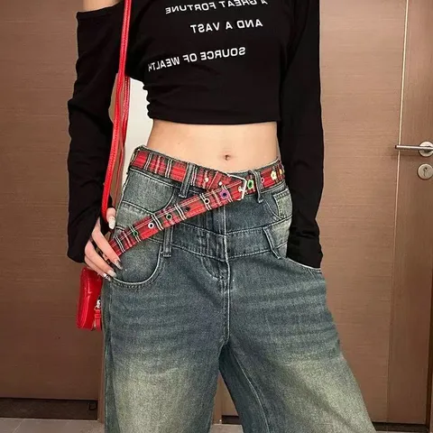 Y2K Cute Floral Canvas Belt Women Retro Streetwear PU Leather Pin Buckle Belt Fashion Student Jeans Waist Belt