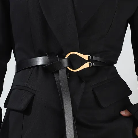 Womens Thin Leather Belt Fashion Dress Coat Waistband Adjustable PU Leather Waist Belt With Gold Metal Buckle