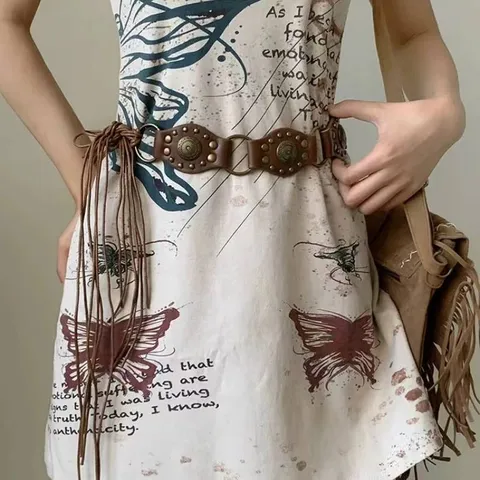 Retro Tribal Style PU Leather Belt Women Punk Waist Belt With Metal Rings Rivets Tassels Decorative Waistband For Dress