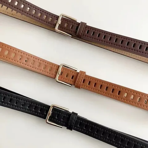 Women Vintage Casual PU Leather Belt All-Hole Design Metal Pin Buckle Fashion Jeans Pants Waist Belt Accessory