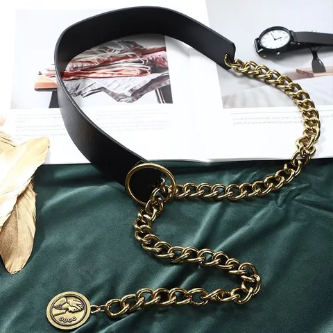 Women Fashion PU Leather Waist Belt Vintage Metal Chain Belt Gold Ring Pendant Waist Chain Dress Suit Accessories