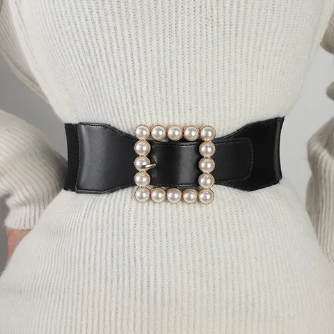 Women's Wide Elastic Waist Belt Vintage Sweet Pearl Buckle PU Leather Stretch Cinch Belt For Dress Sweater Suit Fashion Accessories