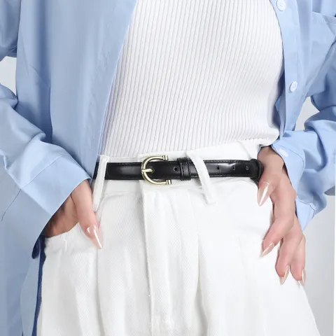 Women Minimalist Thin PU Leather Belt Casual Fashion Dress Coat Jeans Adjustable Waist Band Metal Buckle