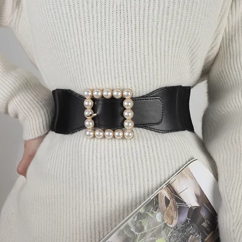 Women's Wide Elastic Waist Belt Vintage Sweet Pearl Buckle PU Leather Stretch Cinch Belt For Dress Sweater Suit Fashion Accessories