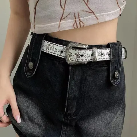 Women's Vintage Ethnic Style PU Leather Belt Retro Western Carved Metal Buckle Butterfly Embossed Casual Dress Jeans Belt