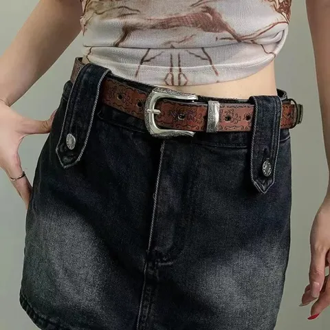 Women's Vintage Ethnic Style PU Leather Belt Retro Western Carved Metal Buckle Butterfly Embossed Casual Dress Jeans Belt