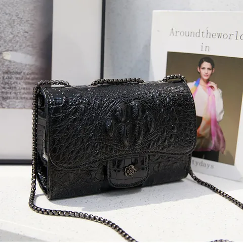 Women Fashion PU Leather Alligator Pattern Crossbody Bag Elegant Metal Chain Shoulder Bag Chic Daily Commuter Handbag