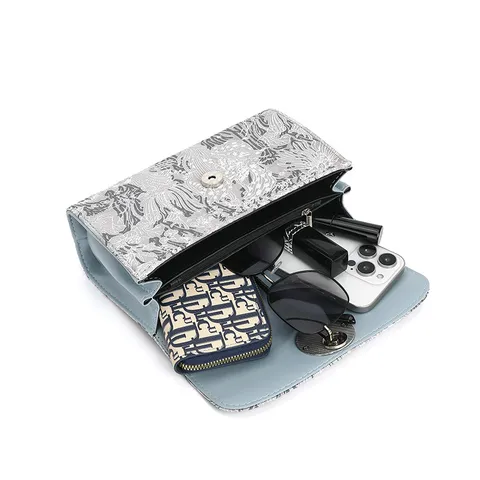 Women PU Leather Crossbody Bag Fashion Embroidered Chain Shoulder Bag Rhinestone Lock Elegant Casual Daily Handbag