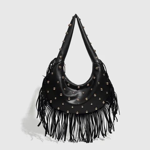 Women PU Leather Hobo Shoulder Bag Vintage Rivet Tassel Crossbody Bag Casual Chic Handbag Fashion Purse
