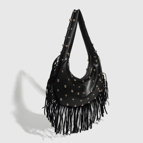 Women PU Leather Hobo Shoulder Bag Vintage Rivet Tassel Crossbody Bag Casual Chic Handbag Fashion Purse