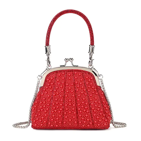Luxury Women Pearl Acrylic Evening Bag Rhinestone Shell Handbag Kiss Lock Party Banquet Crossbody Bag With Metal Chain