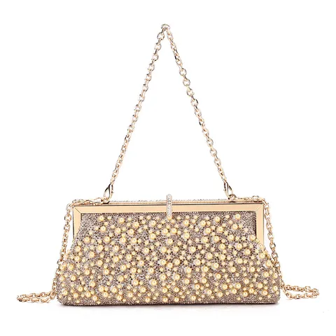 Acrylic Artificial Pearl Rhinestone Beaded Evening Clutch Bag Elegant Women Banquet Wedding Party Purse With Shoulder Chain