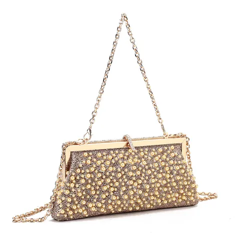 Acrylic Artificial Pearl Rhinestone Beaded Evening Clutch Bag Elegant Women Banquet Wedding Party Purse With Shoulder Chain