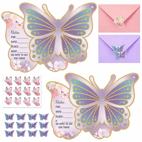 Butterfly Theme Birthday Invitations For Girls Kids Party Invitation Cards With Envelopes And Stickers Party Decor Supplies